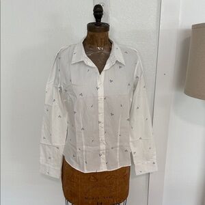 Pink Rose White Button-Down Blouse with Blue Microprint